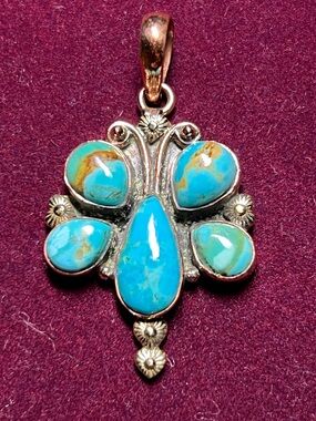 Exquisite Kingman Turquoise Butterfly Pendant set in Solid Copper with 5  Stones